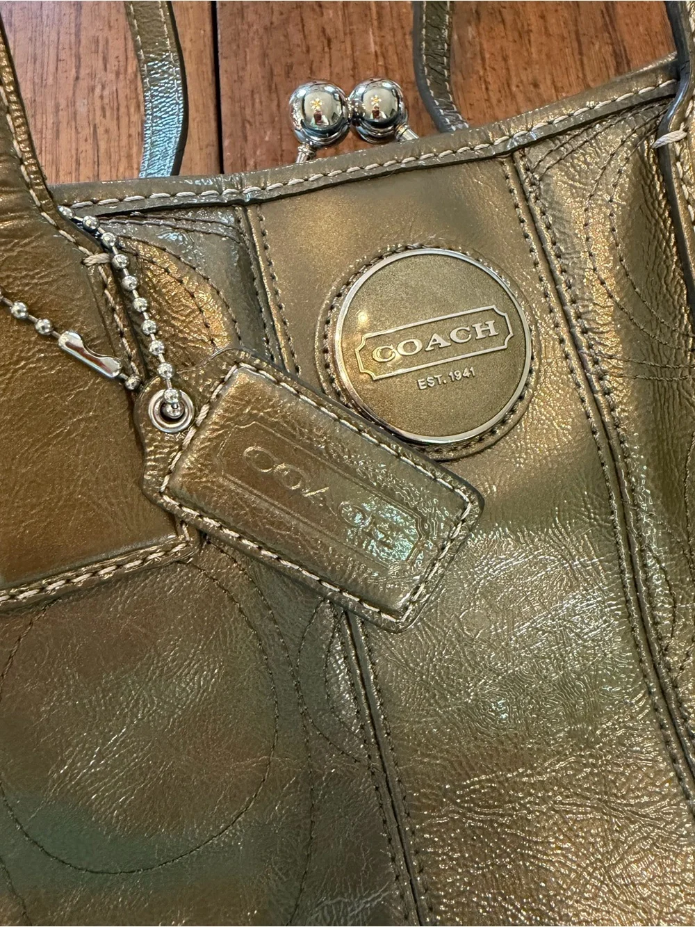 COACH Olive metallic patent Leather Signature Tote Bag F15658